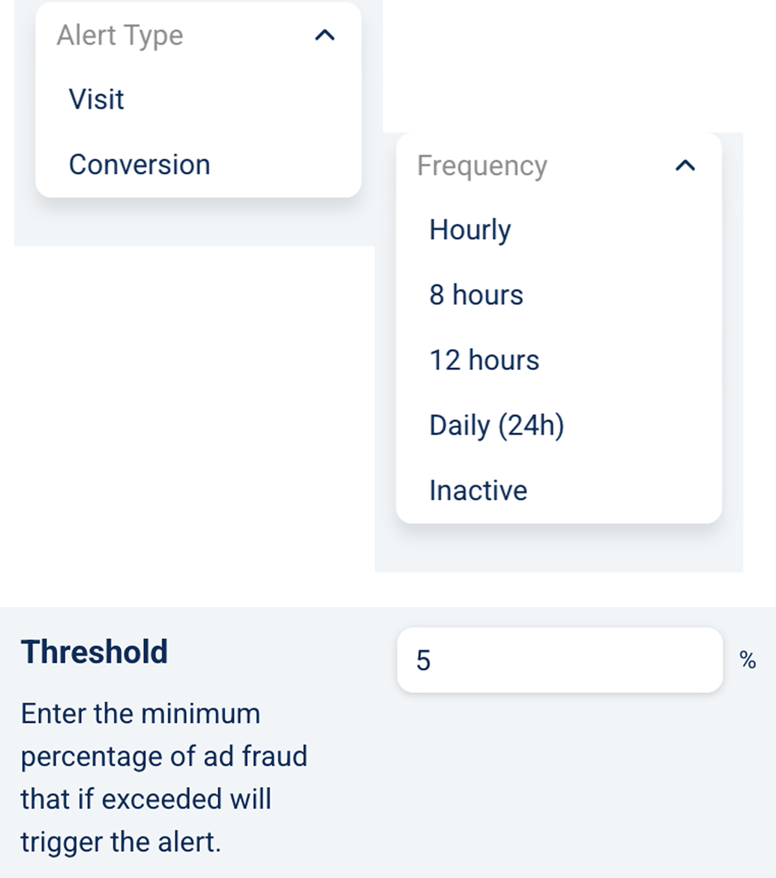 Alert type, frequency and threshold configuration